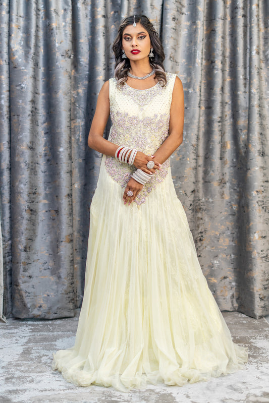 Off White Net Punjabi Set with Swarovski Stone Work