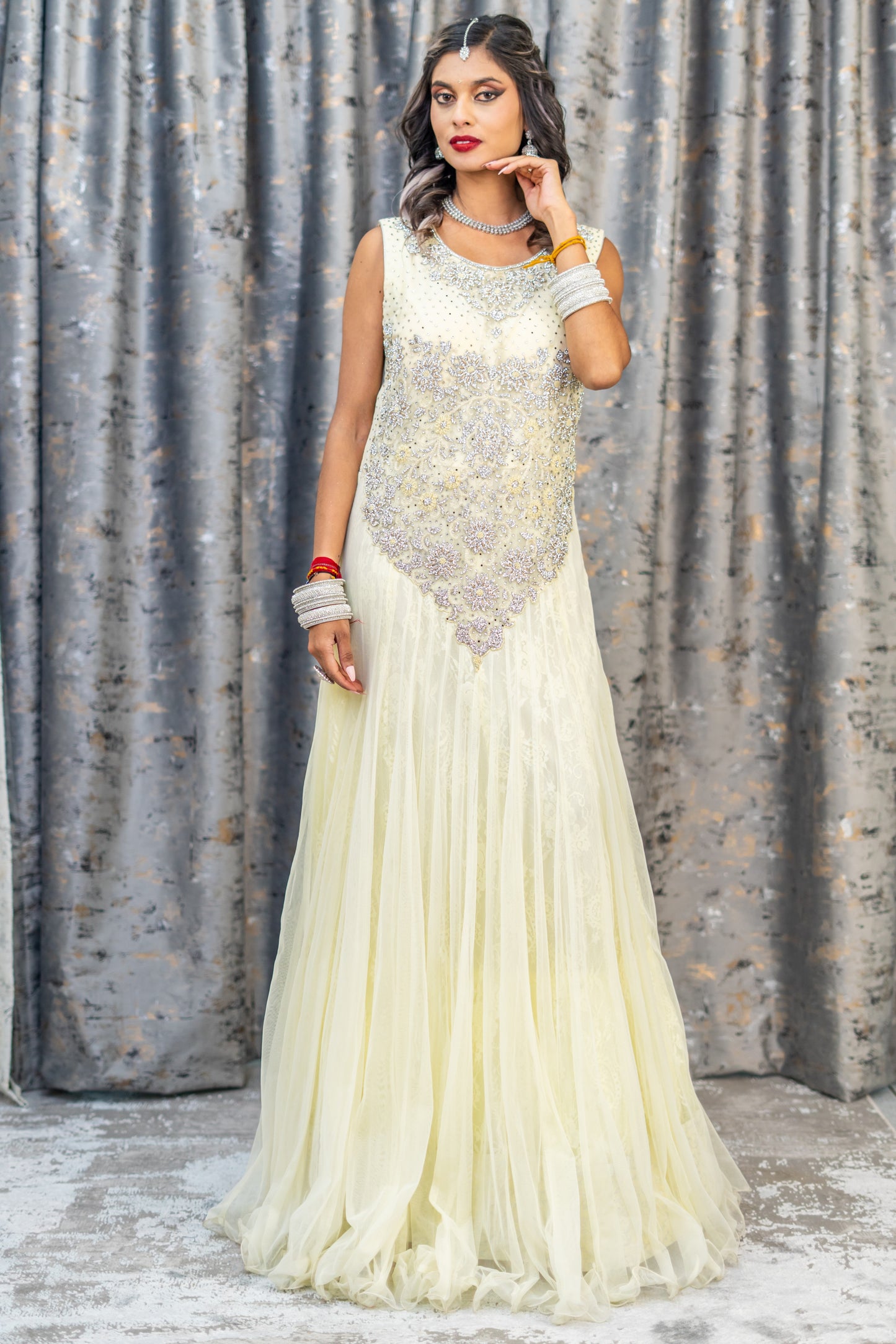 Off White Net Punjabi Set with Swarovski Stone Work