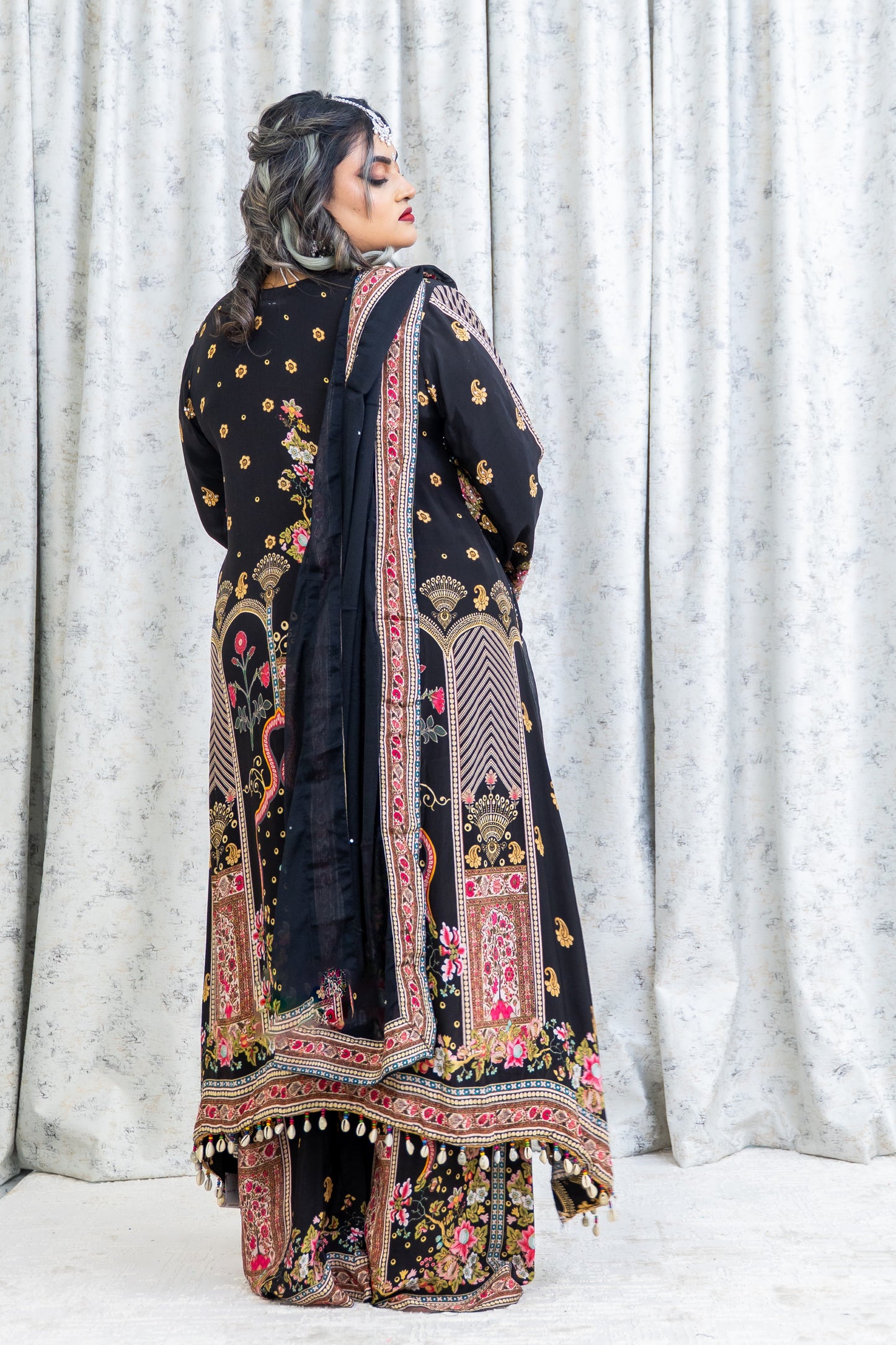 Black Colourful Printed Chinon Silk Punjabi Set
