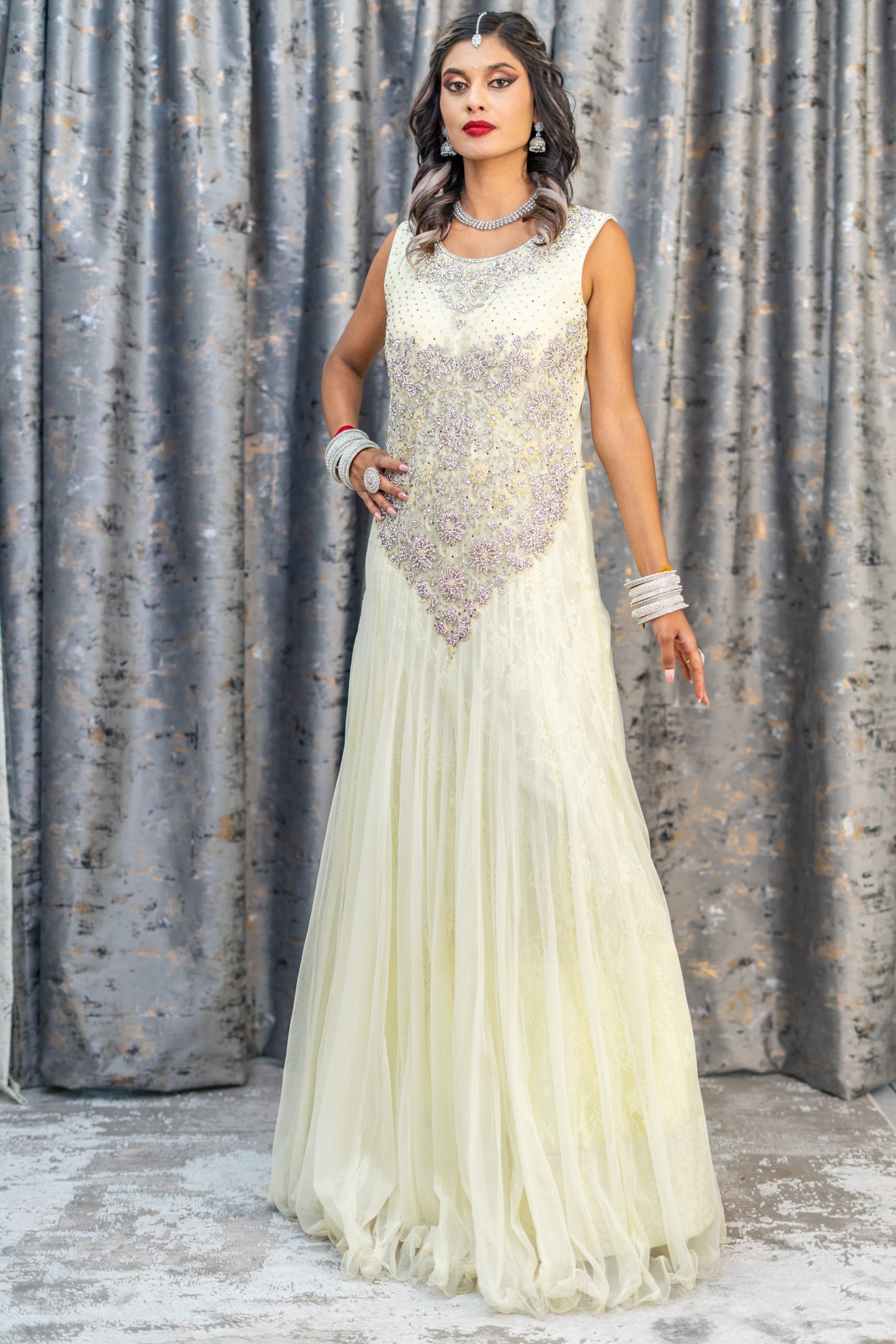 Off White Net Punjabi Set with Swarovski Stone Work