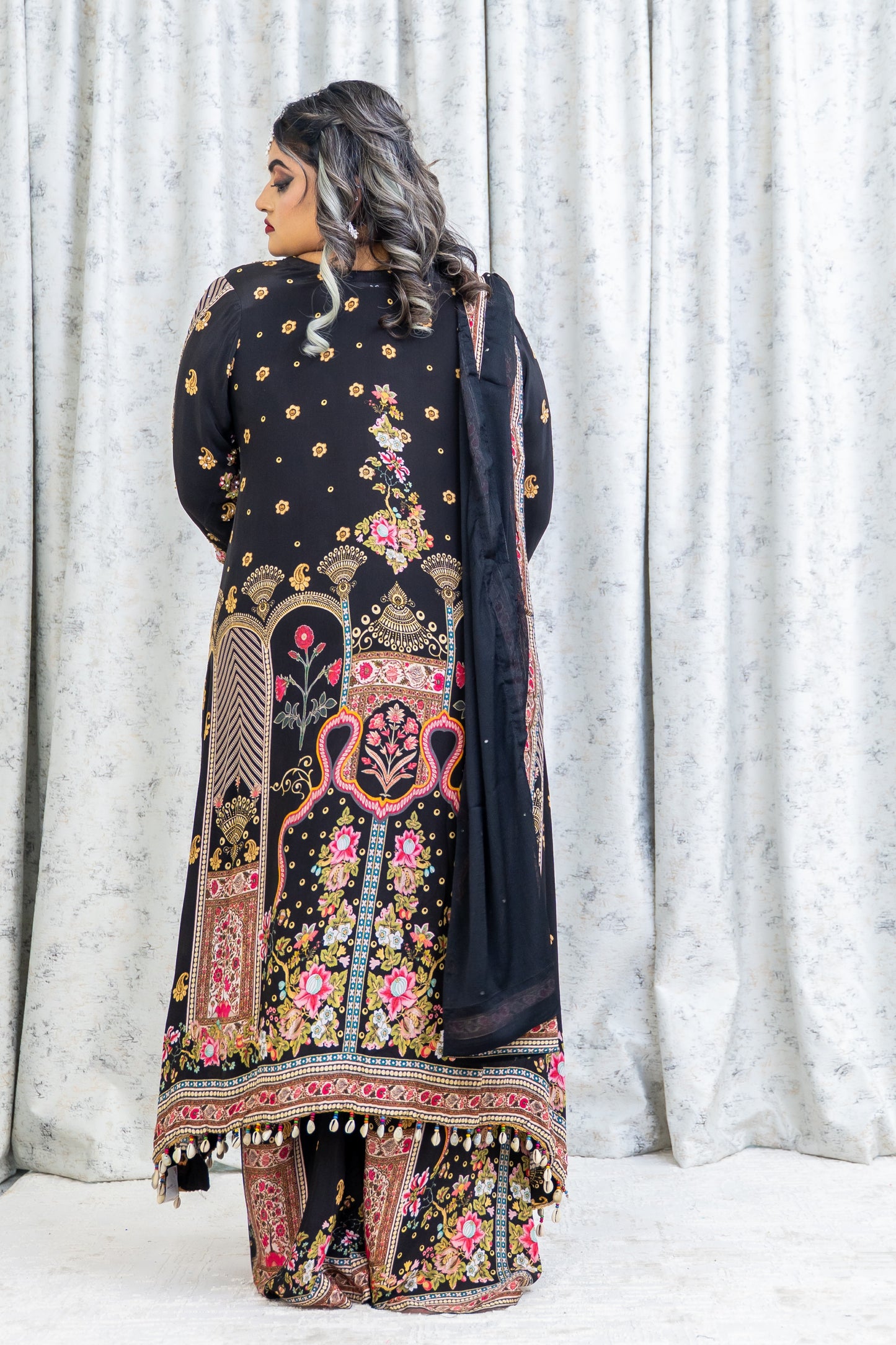 Black Colourful Printed Chinon Silk Punjabi Set