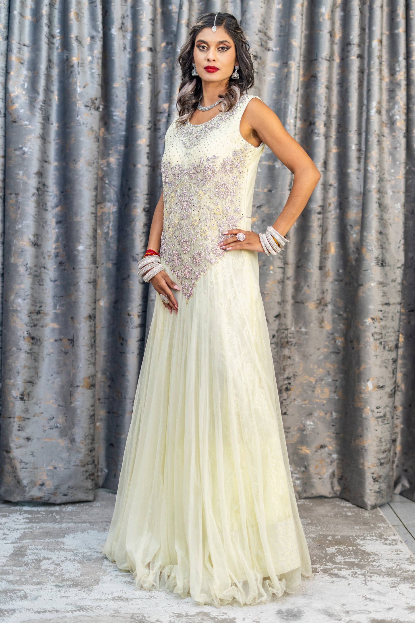 Off White Net Punjabi Set with Swarovski Stone Work