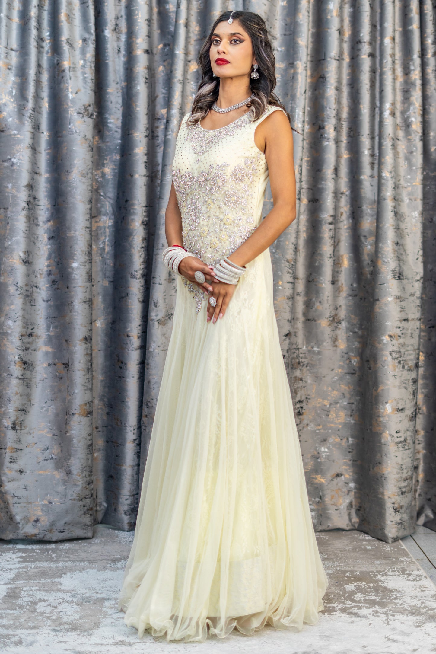 Off White Net Punjabi Set with Swarovski Stone Work