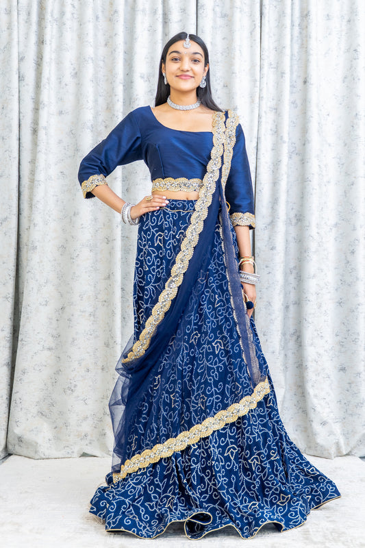 Navy Blue Chiffon Bandhani Lehenga Choli Set