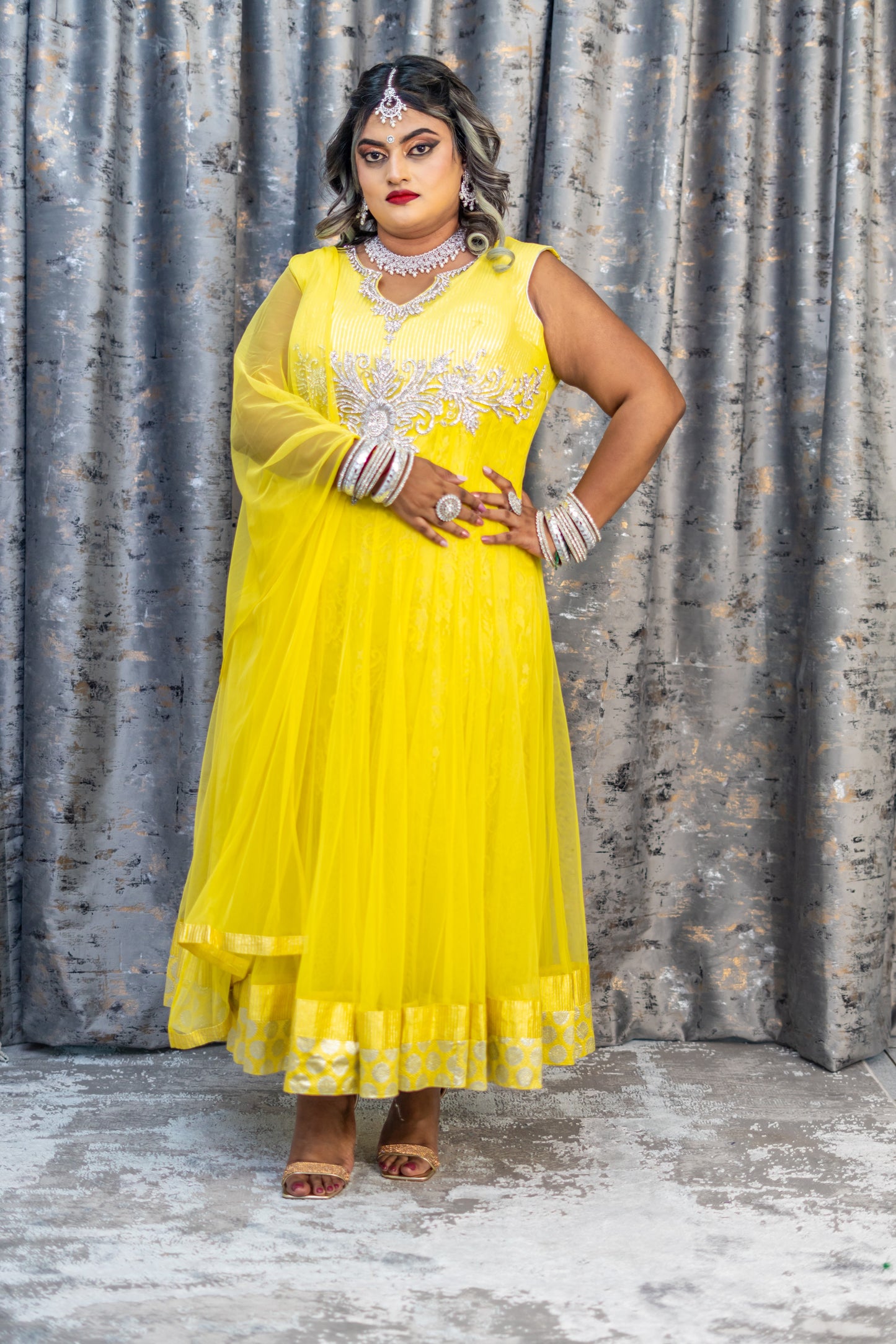 Yellow Net Punjabi Set with Swarovski Stone Work