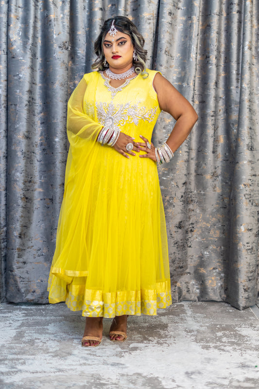 Yellow Net Punjabi Set with Swarovski Stone Work