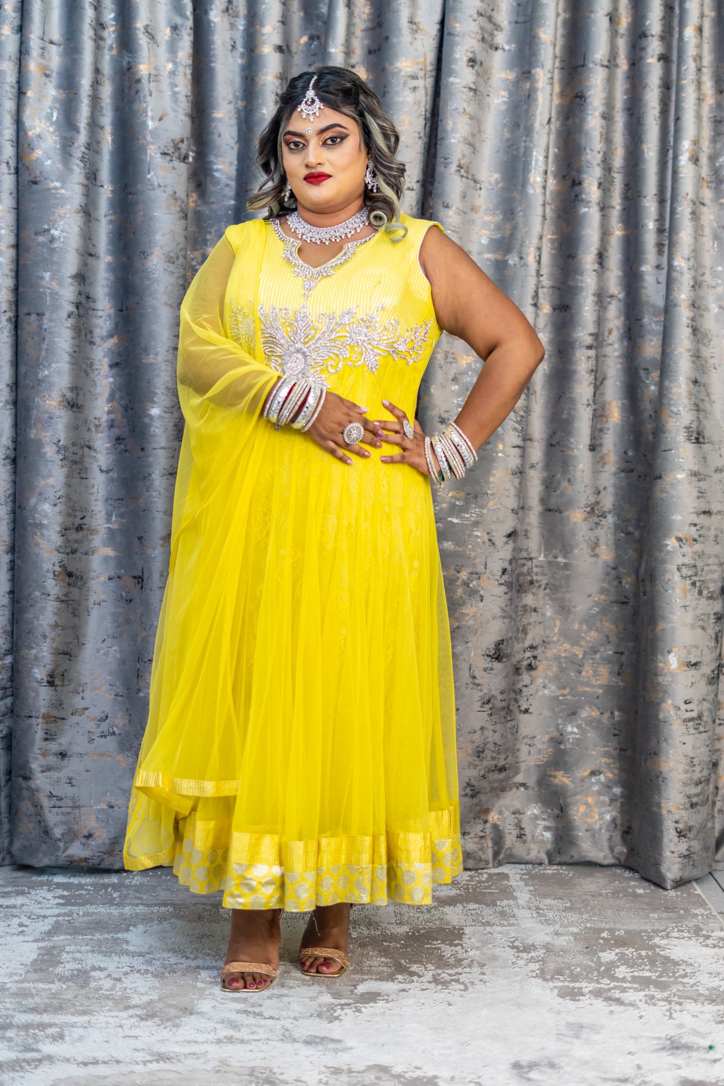 Yellow Net Punjabi Set with Swarovski Stone Work