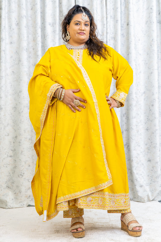 Yellow Chinon Silk Punjabi Set with Embroidery