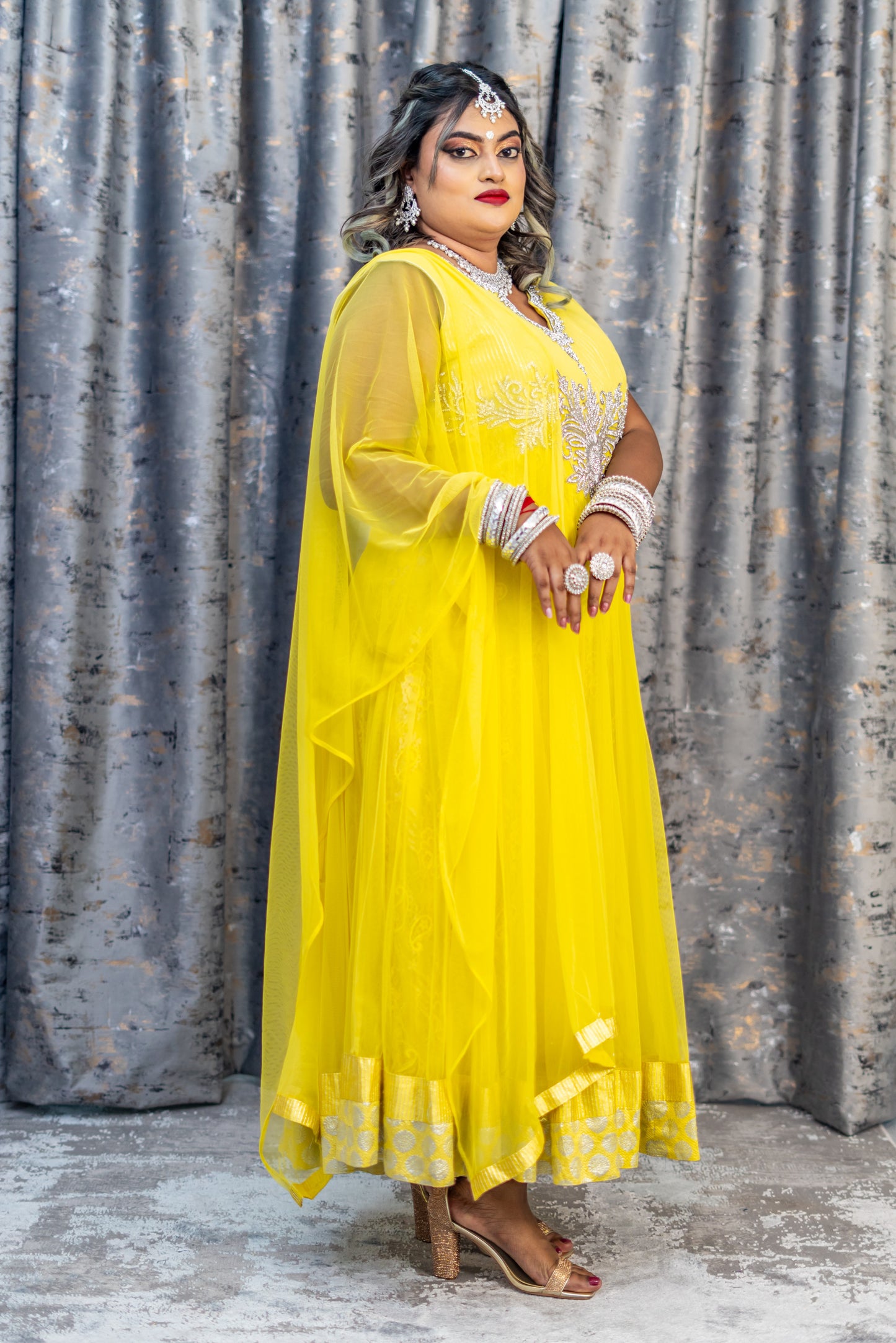Yellow Net Punjabi Set with Swarovski Stone Work