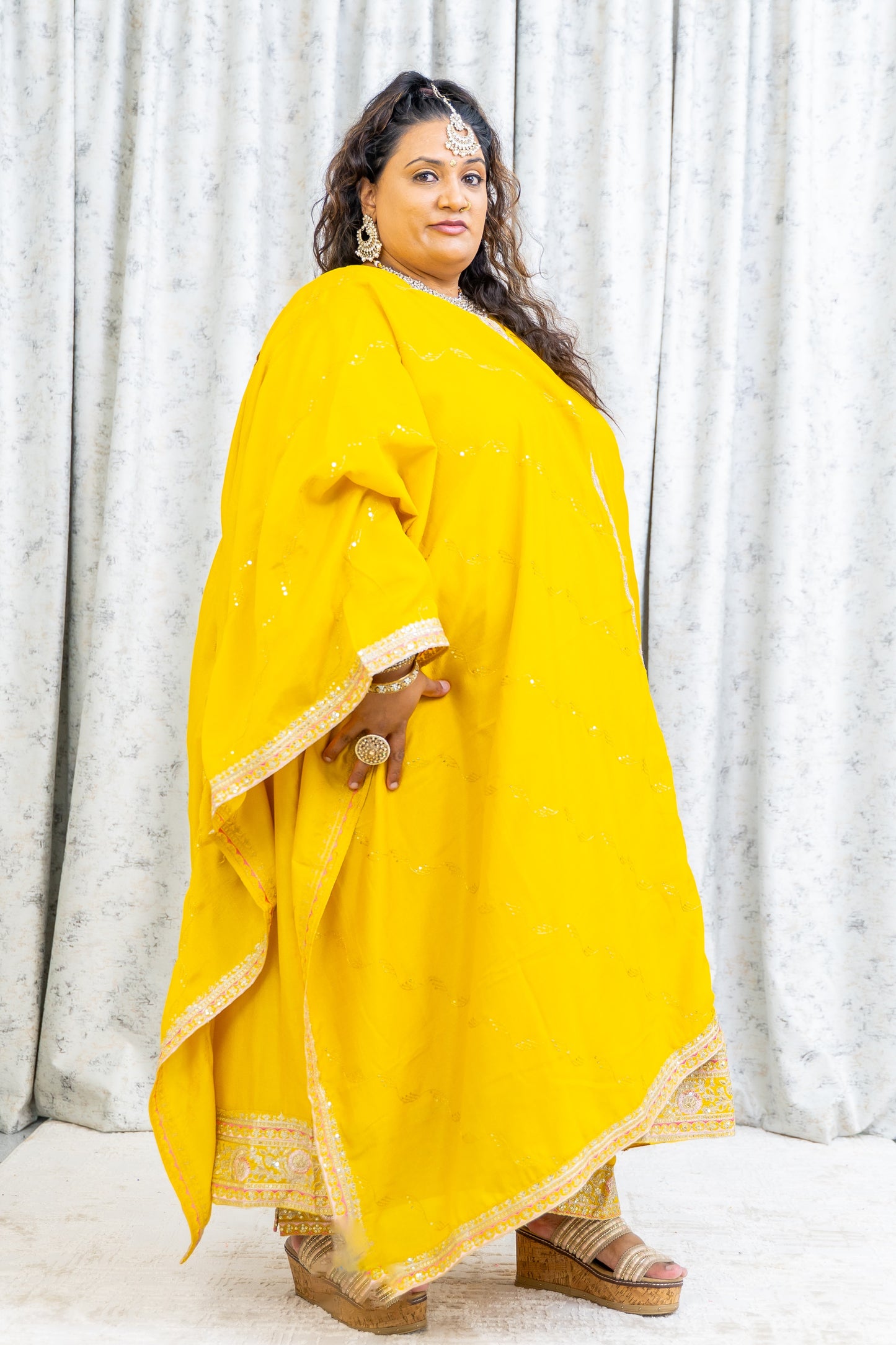 Yellow Chinon Silk Punjabi Set with Embroidery