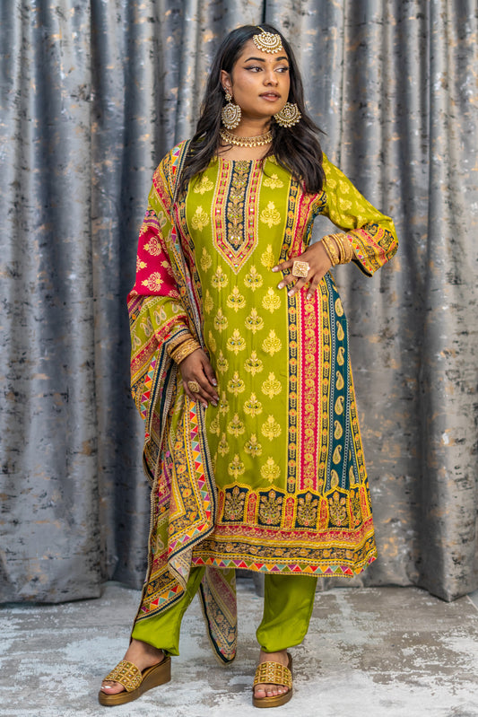 Green Colourful Printed Chinon Silk Punjabi Set