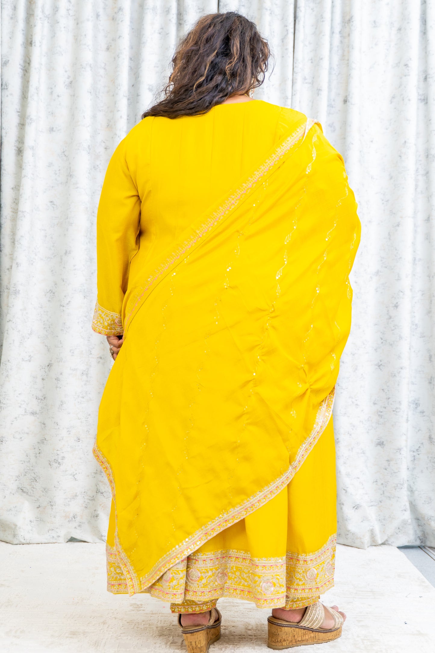 Yellow Chinon Silk Punjabi Set with Embroidery