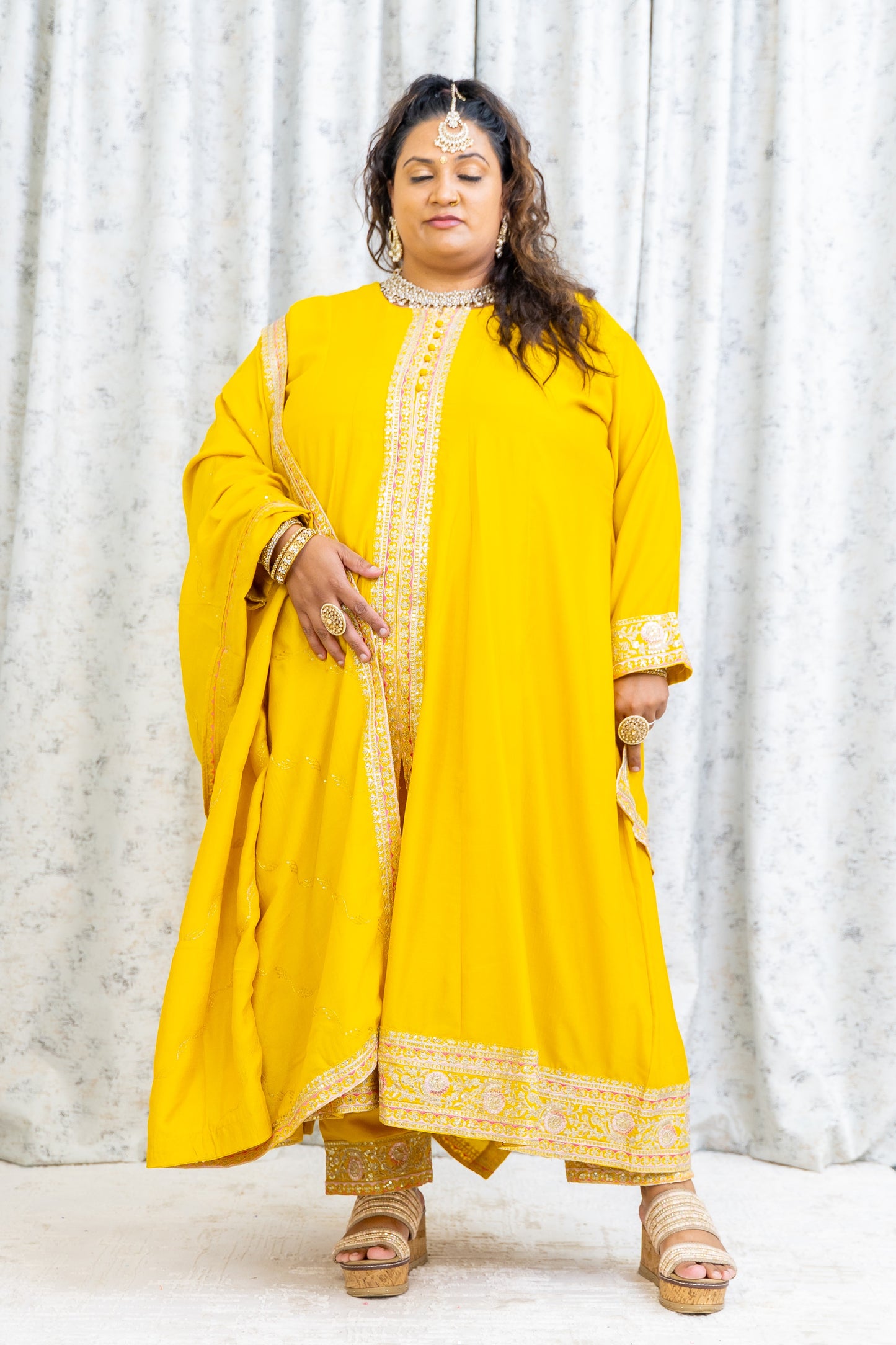 Yellow Chinon Silk Punjabi Set with Embroidery