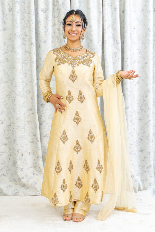 Cream Raw Silk Punjabi Set with Swarovski Stone Work
