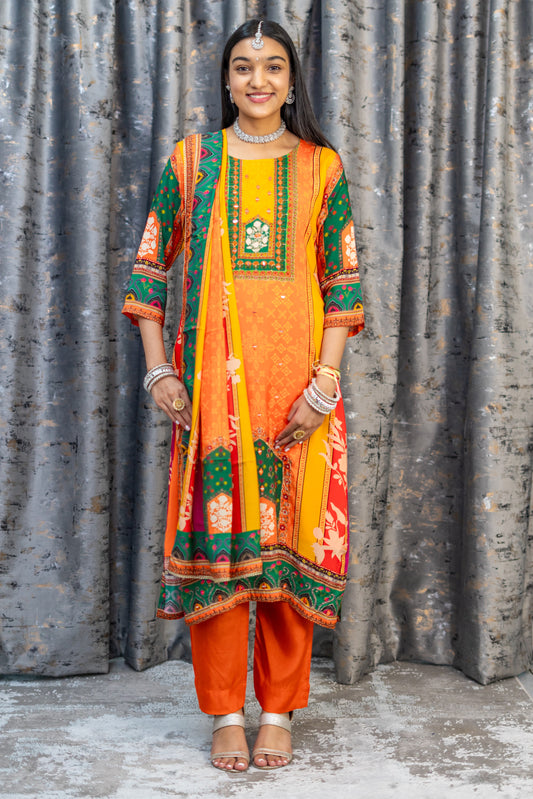 Orange Chinon Silk Printed Punjabi Set