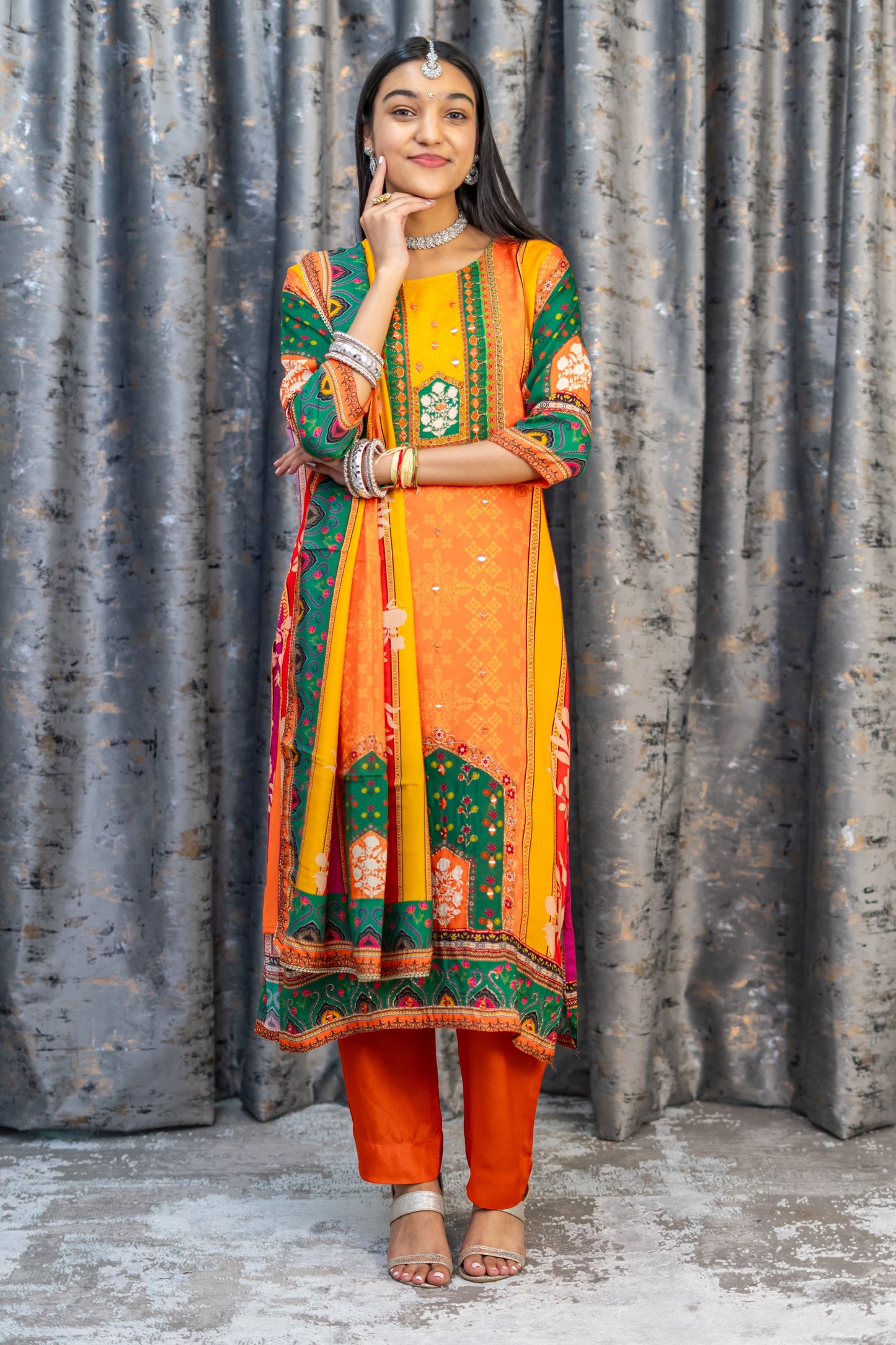 Orange Chinon Silk Printed Punjabi Set