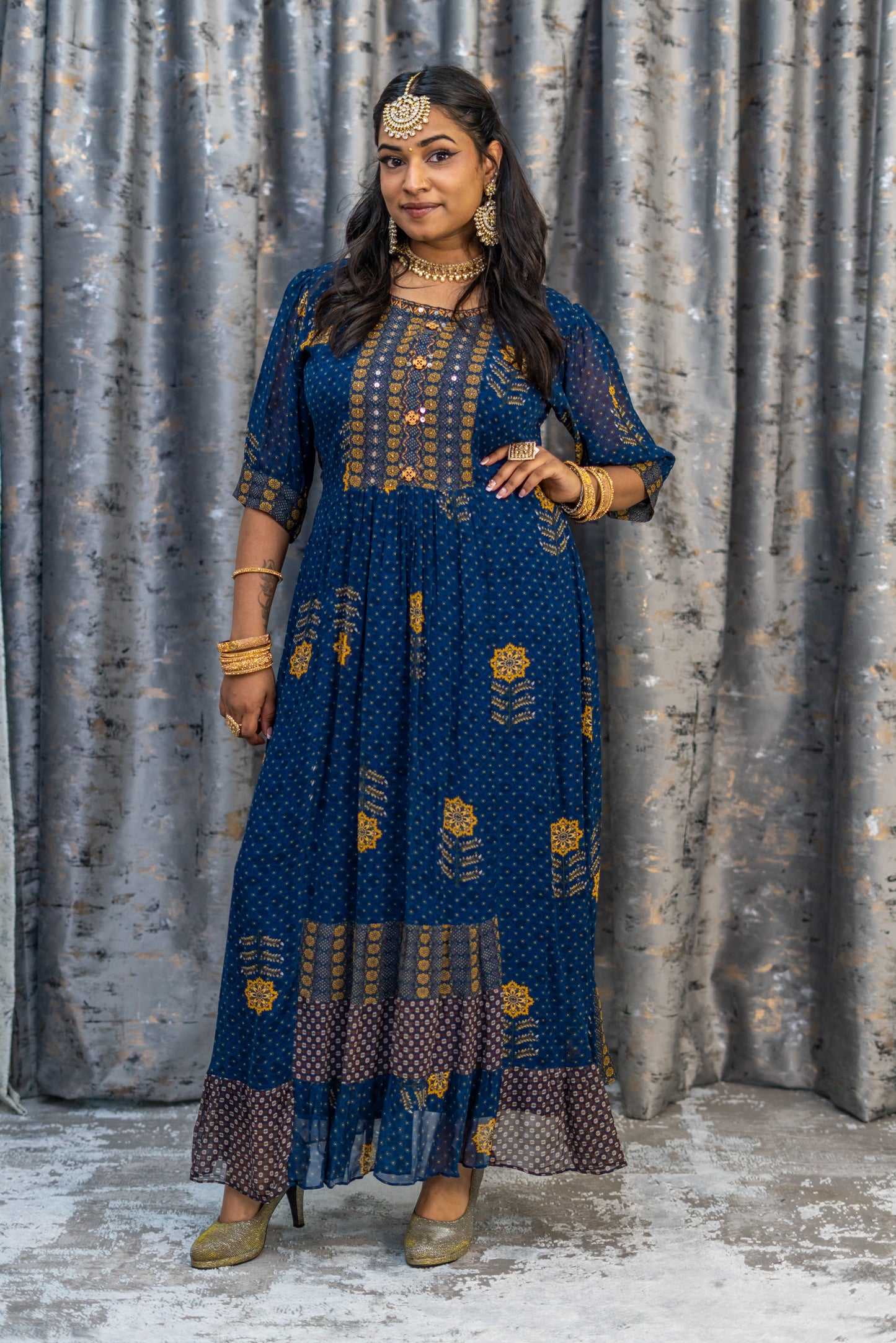 Navy Blue Printed Chiffon KurtiTop