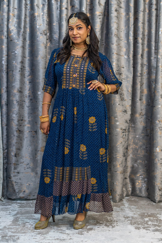 Navy Blue Printed Chiffon KurtiTop