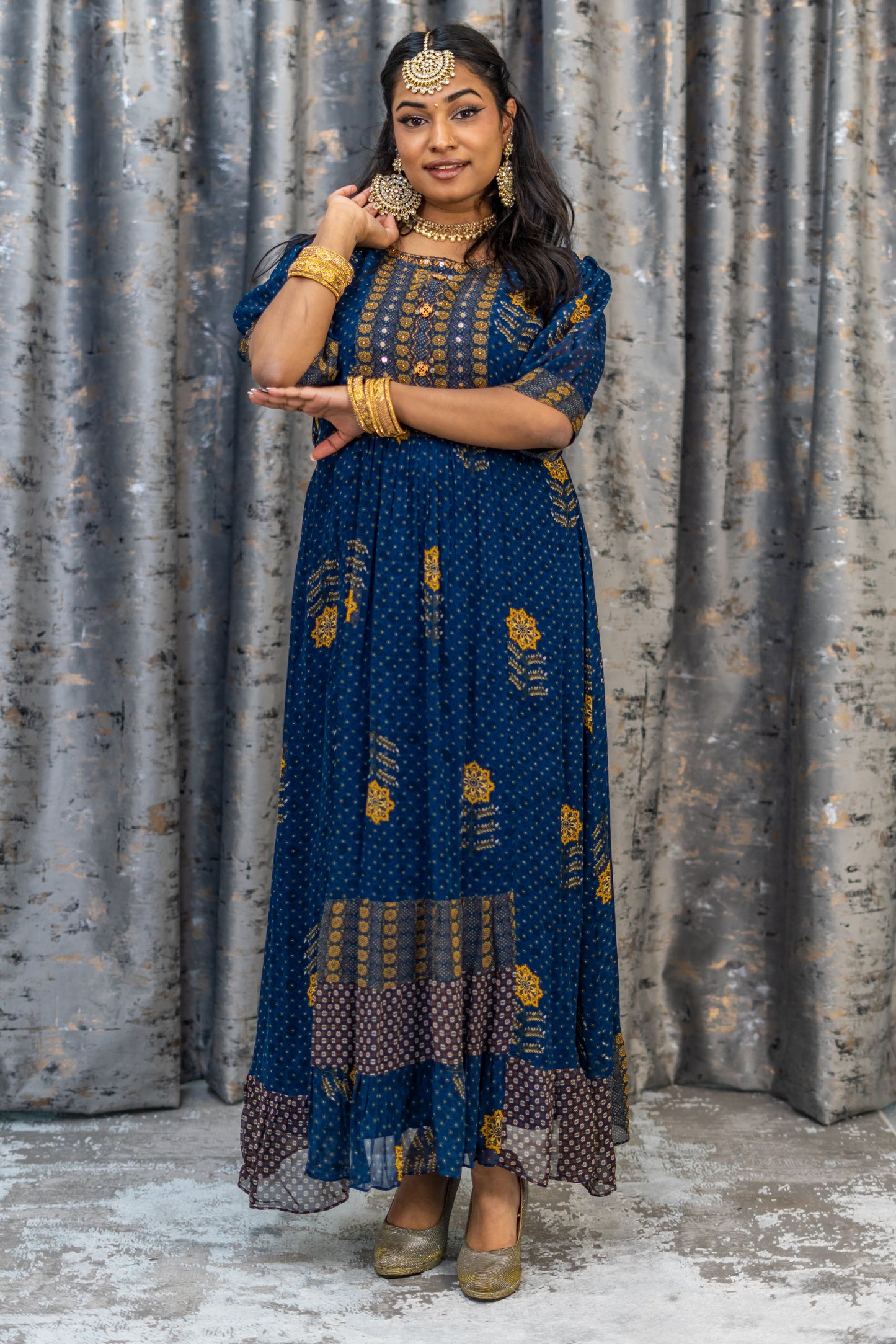 Navy Blue Printed Chiffon KurtiTop