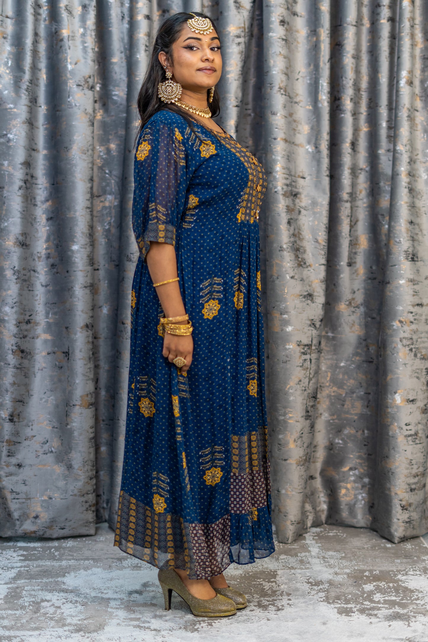 Navy Blue Printed Chiffon KurtiTop