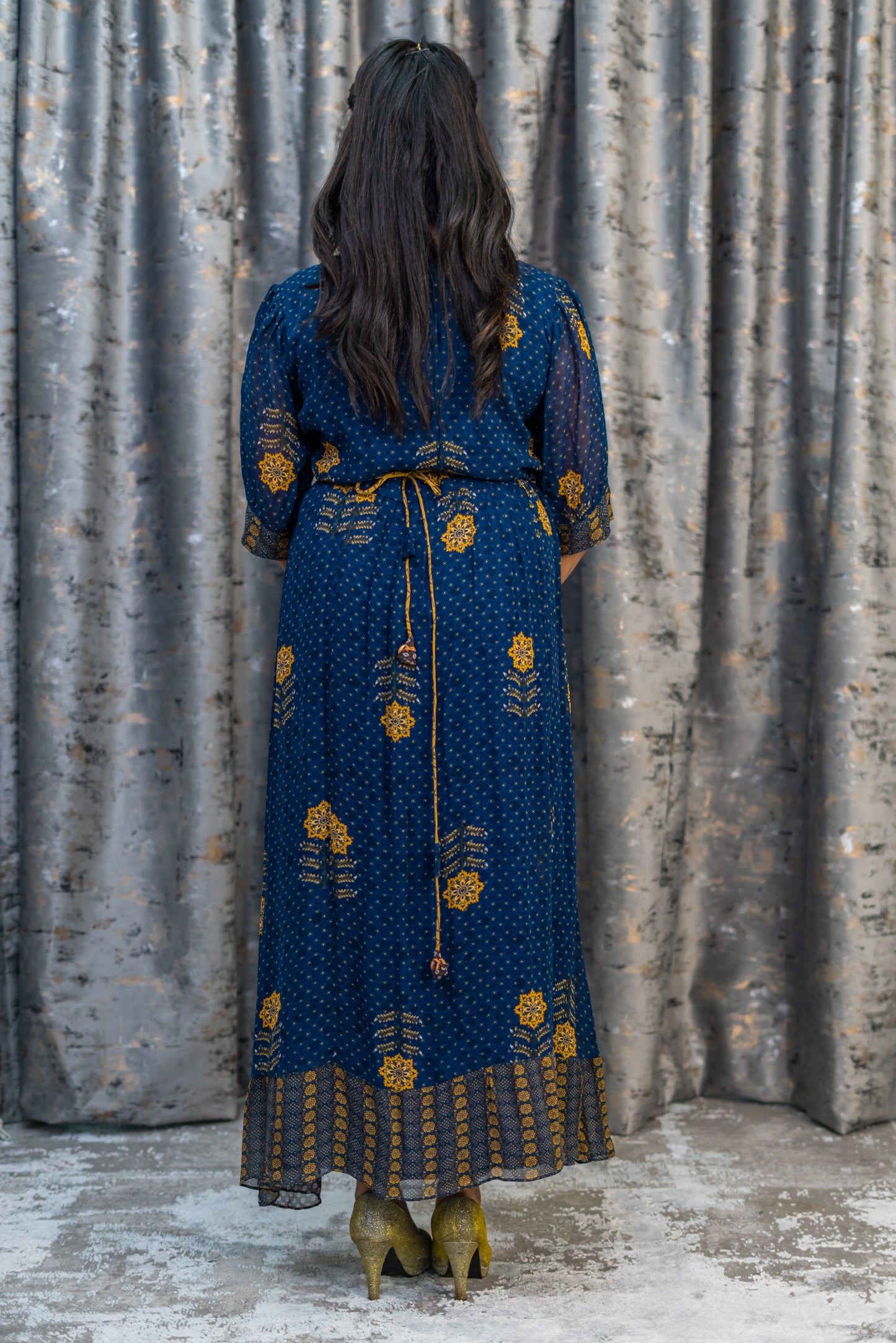 Navy Blue Printed Chiffon KurtiTop