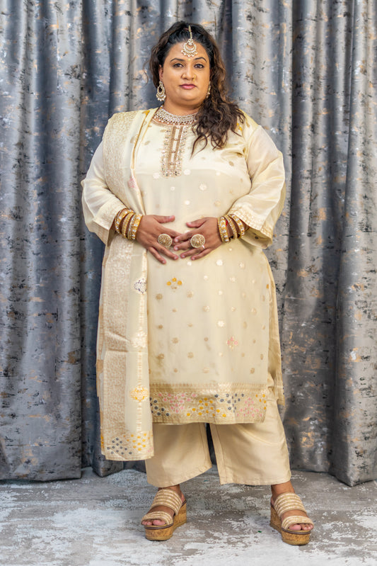 Cream Chinon Silk Punjabi Set with Embroidery