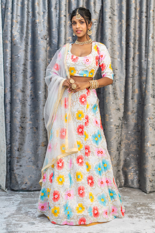 White Colourful  Cotton Lehenga Set with Floral Embroidery