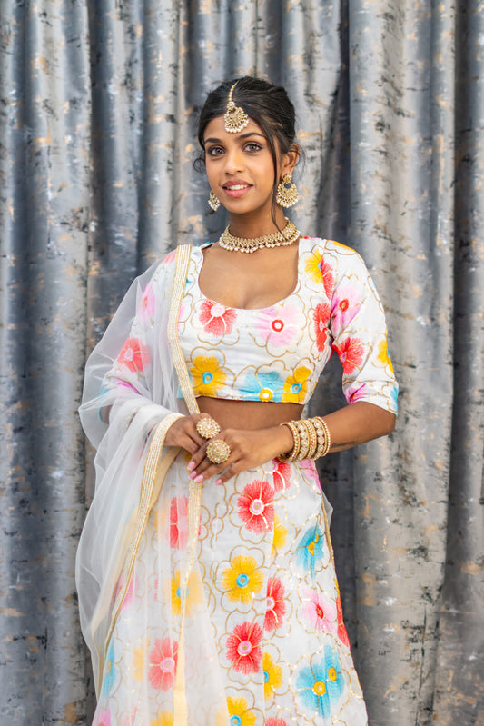 White Colourful  Cotton Lehenga Set with Floral Embroidery