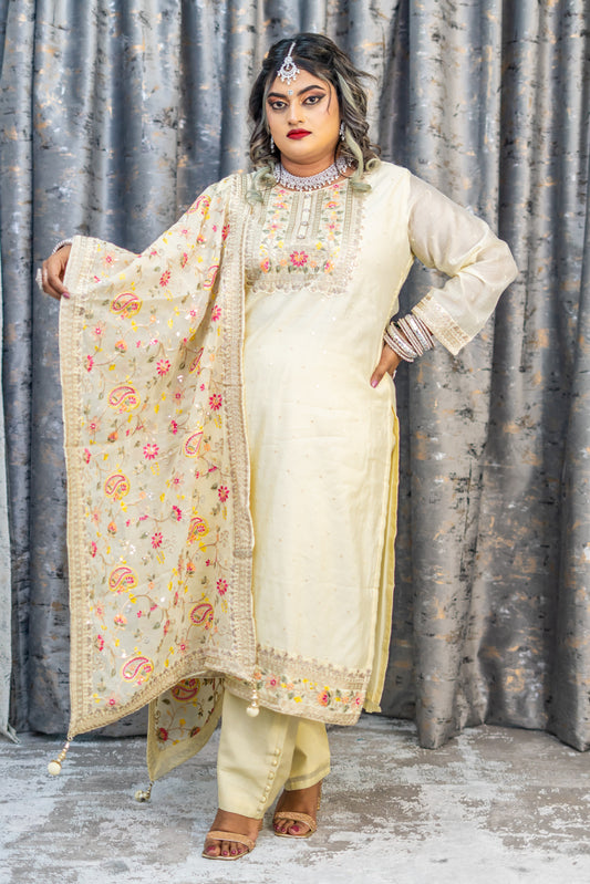 Cream Cotton Punjabi Set with Embroidery