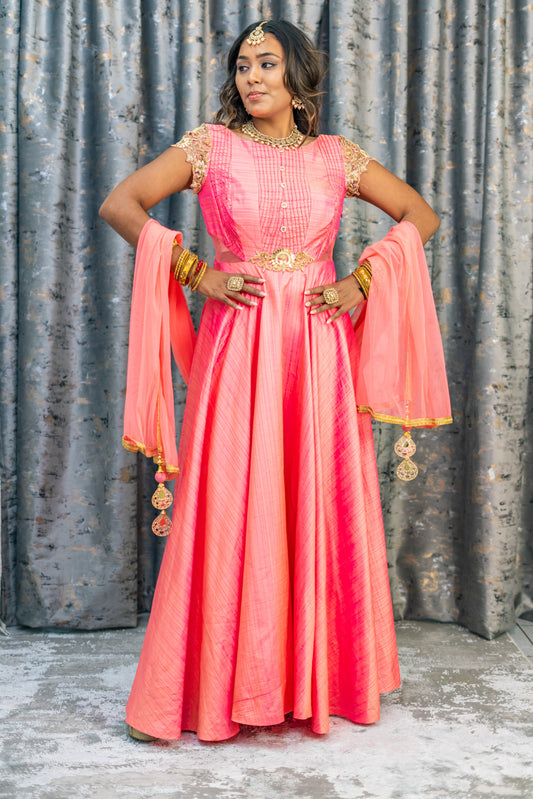 Coral Raw Silk Punjabi Set