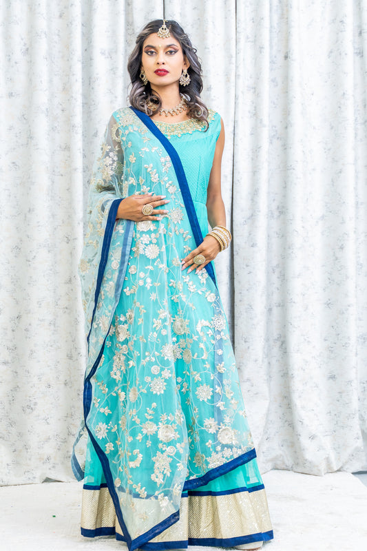 Blue Net Punjabi Set with Contrast Dupatta