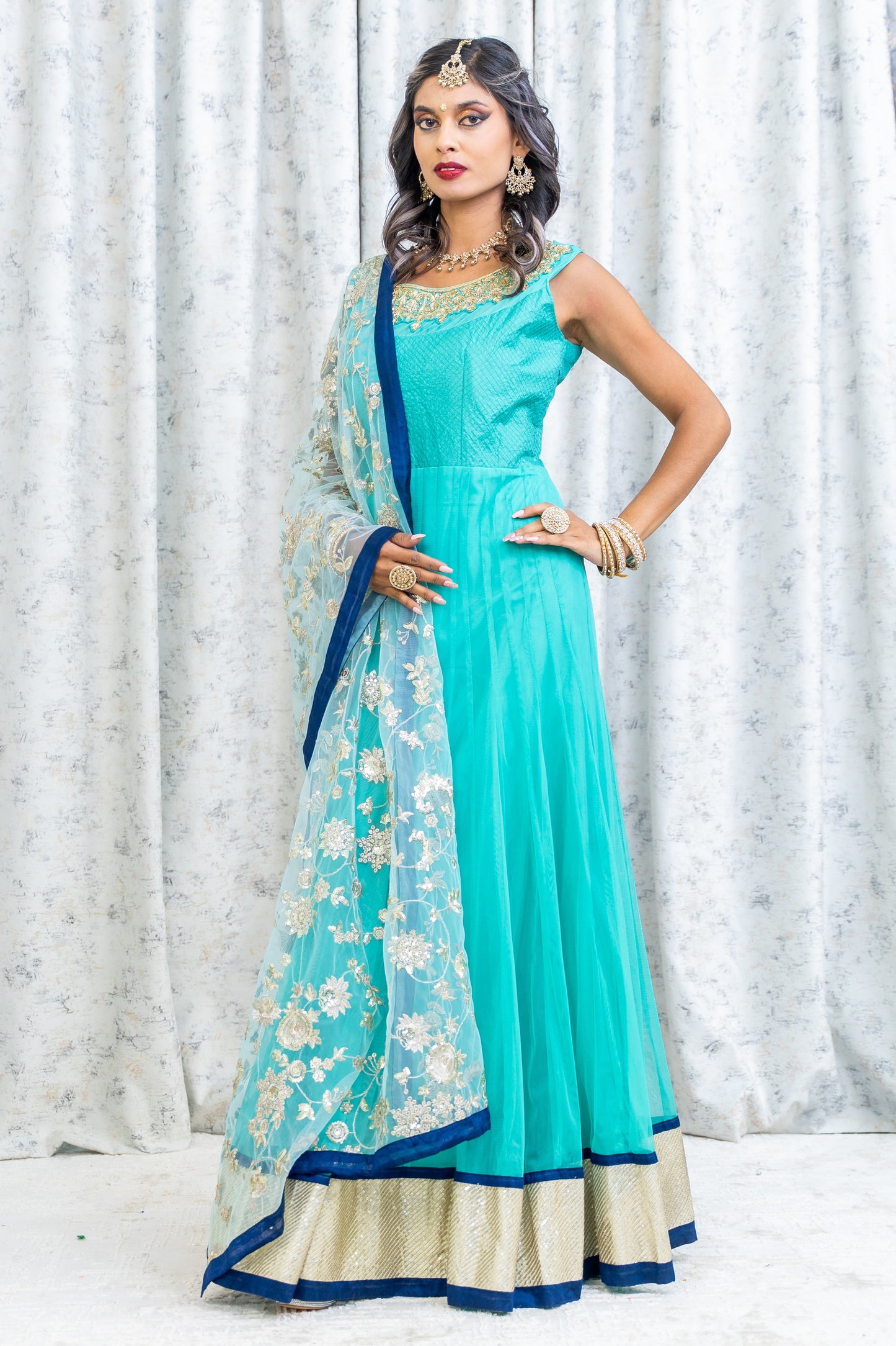 Blue Net Punjabi Set with Contrast Dupatta