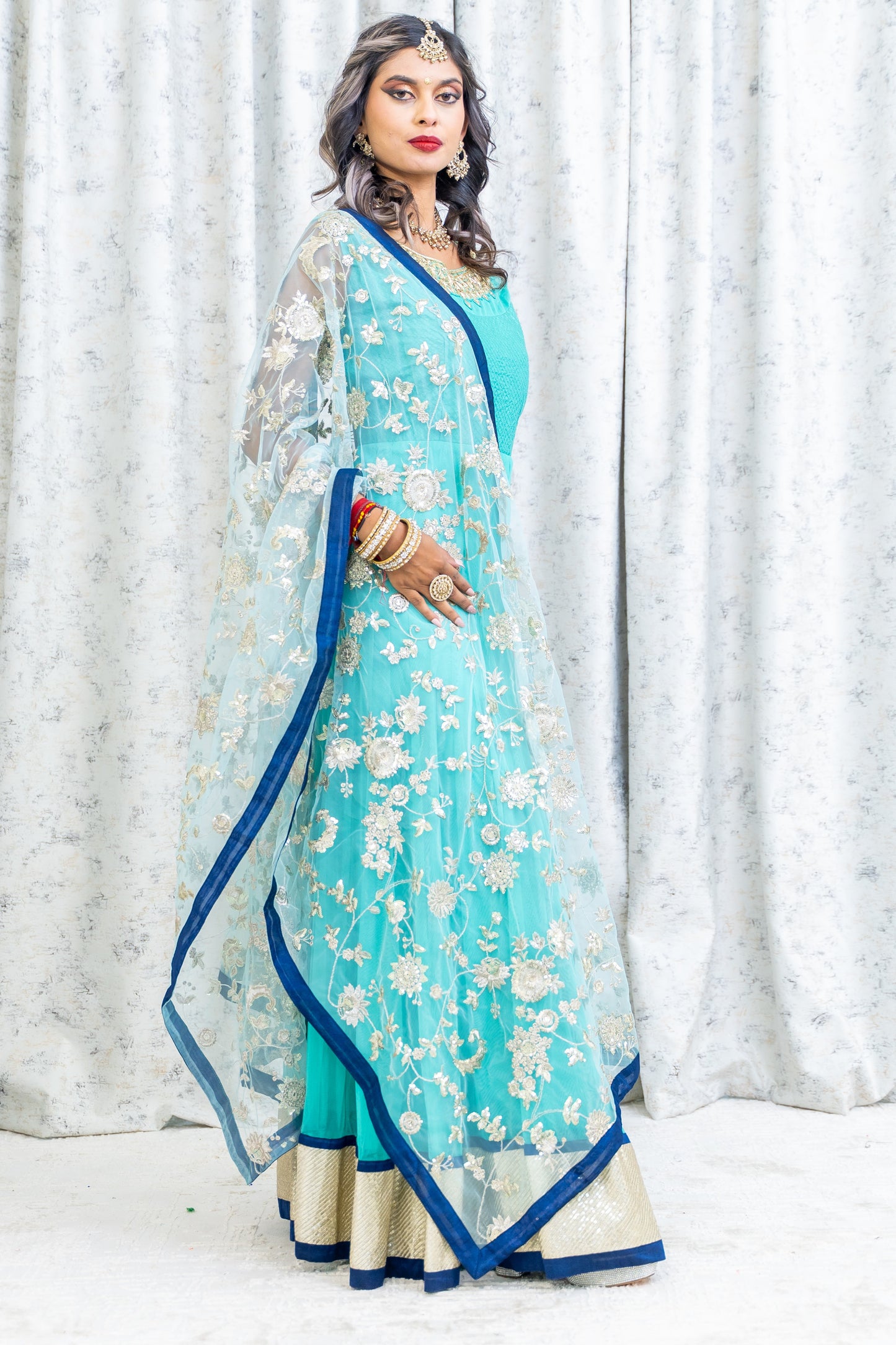 Blue Net Punjabi Set with Contrast Dupatta