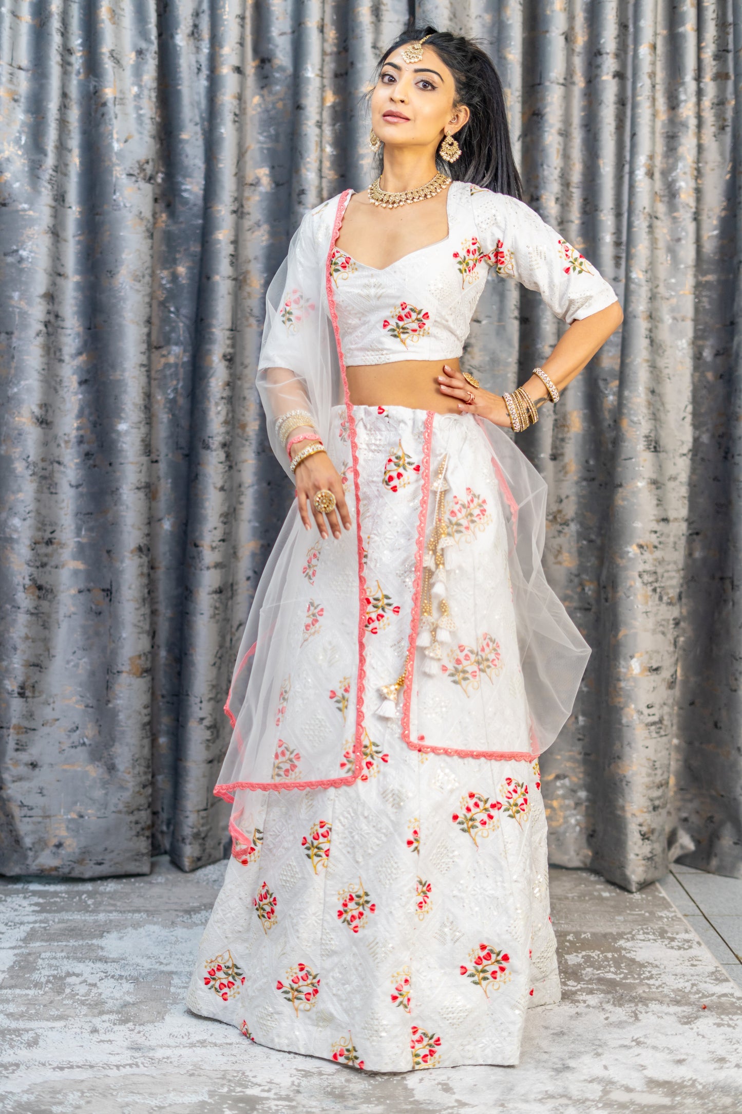 White Cotton Lehenga Set with Floral Embroidery