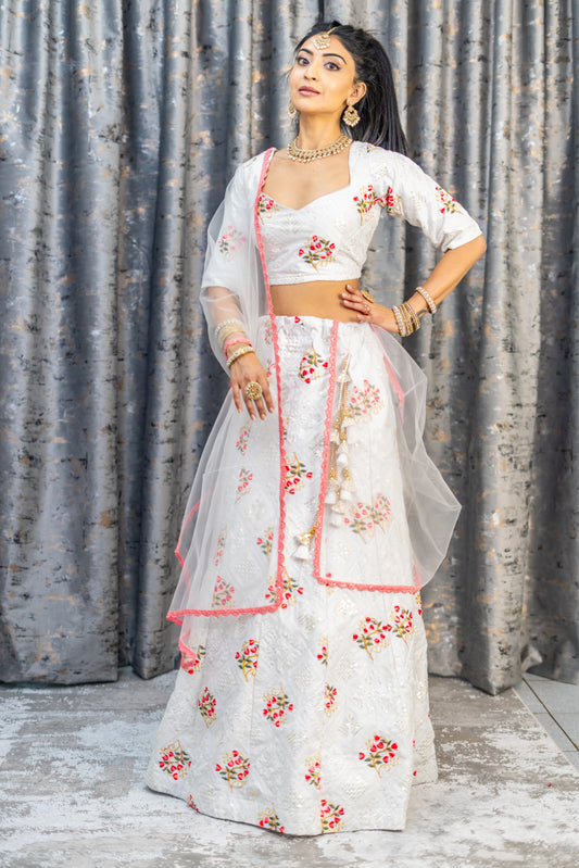 White Cotton Lehenga Set with Floral Embroidery
