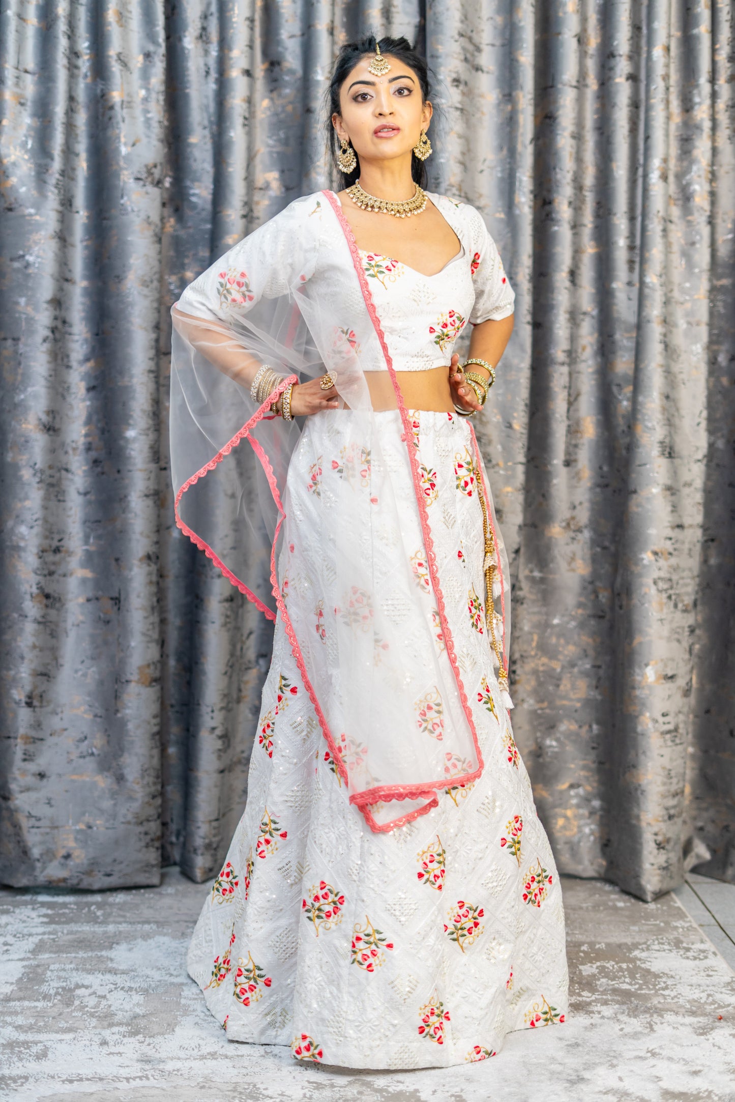 White Cotton Lehenga Set with Floral Embroidery