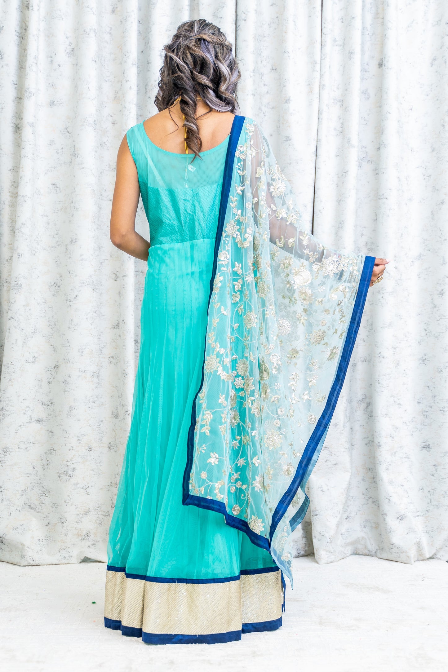 Blue Net Punjabi Set with Contrast Dupatta