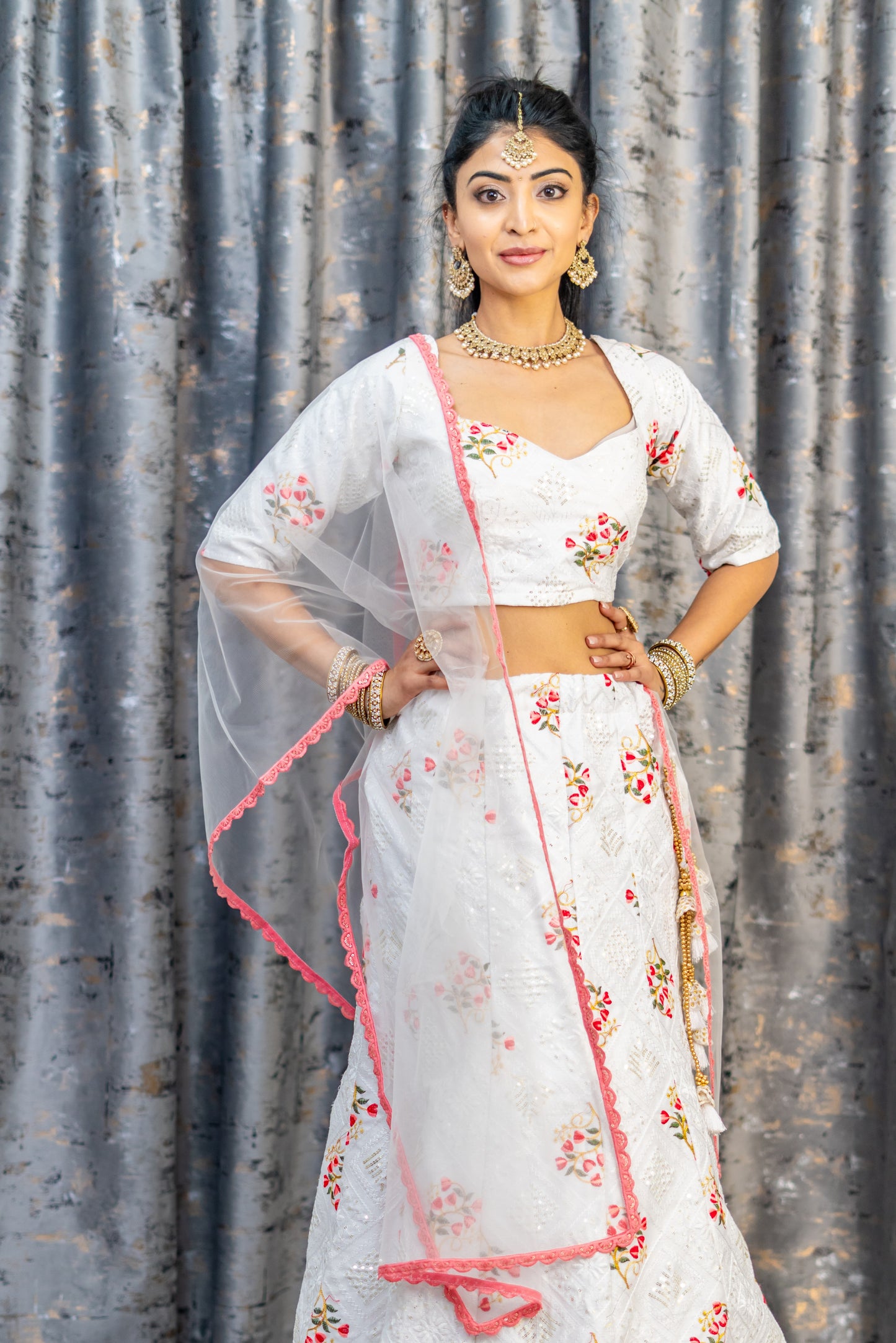 White Cotton Lehenga Set with Floral Embroidery