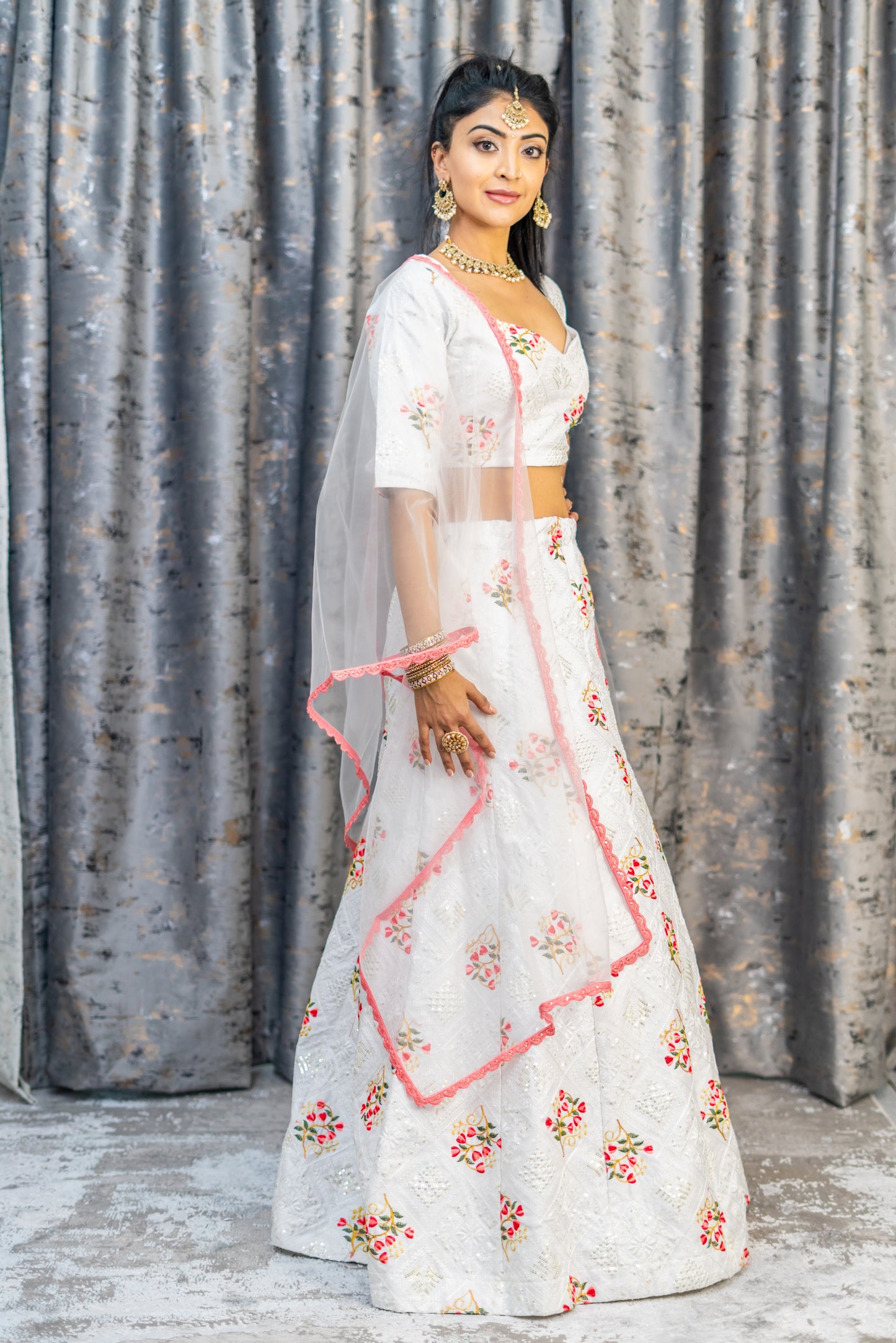 White Cotton Lehenga Set with Floral Embroidery