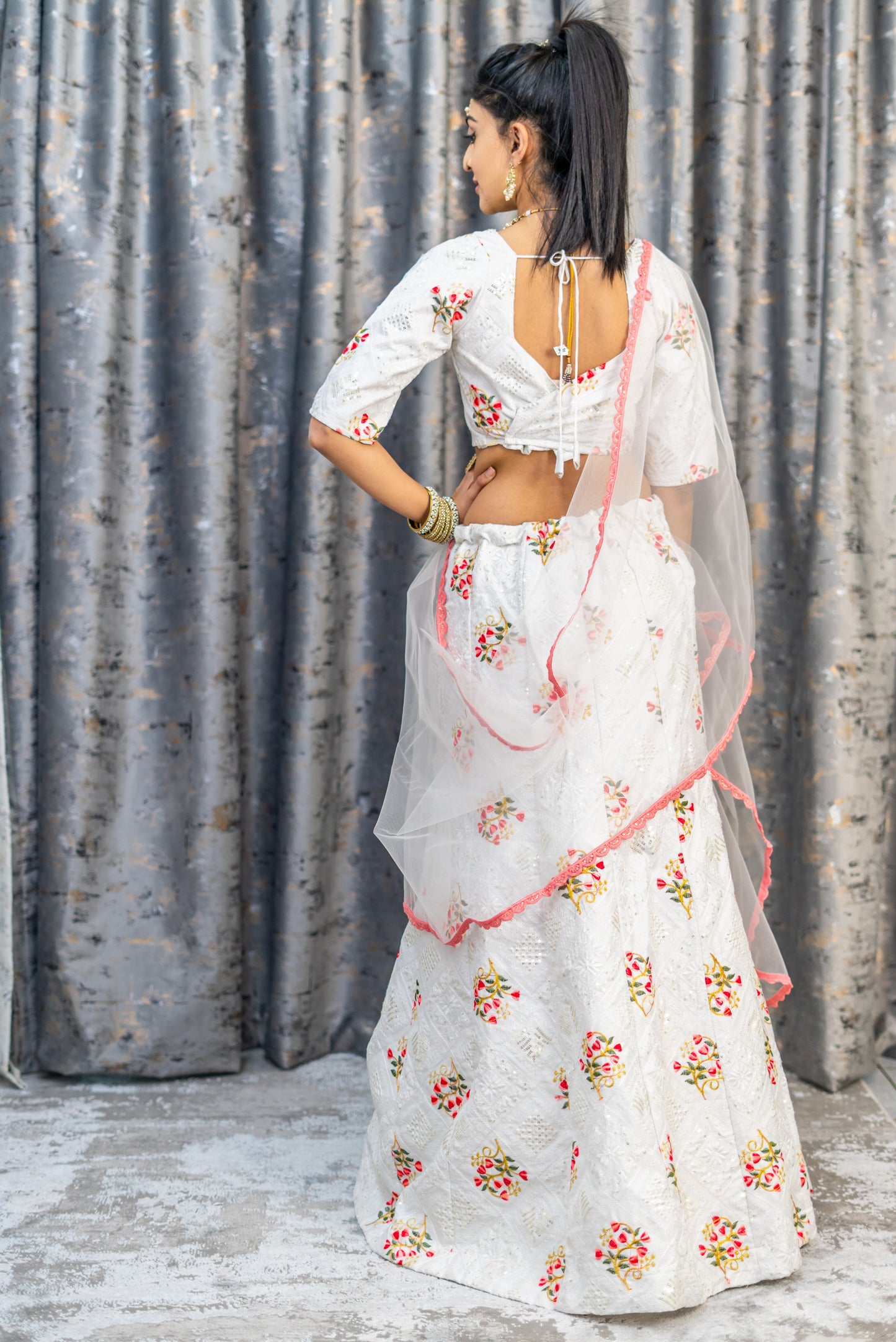 White Cotton Lehenga Set with Floral Embroidery