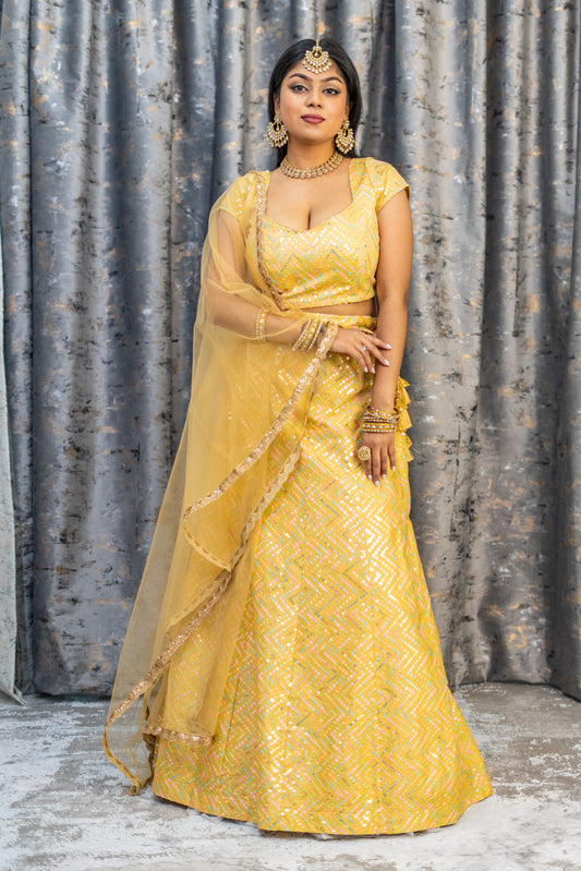 Yellow Cotton Lehenga Set with Floral Embroidery