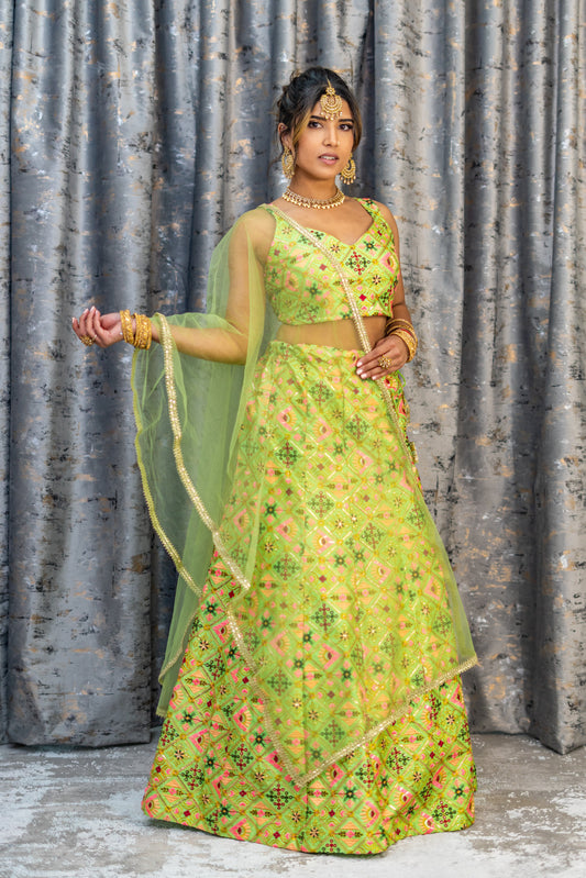 Lime Green Colourful Cotton Lehenga Set with Embroidery