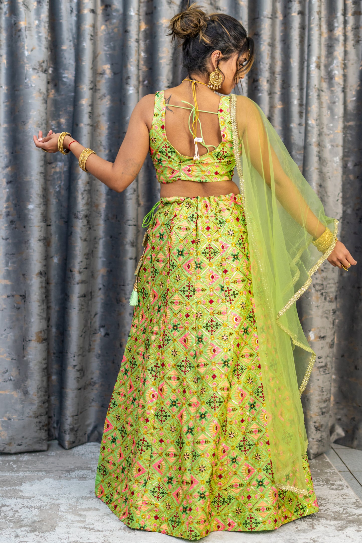 Lime Green Colourful Cotton Lehenga Set with Embroidery