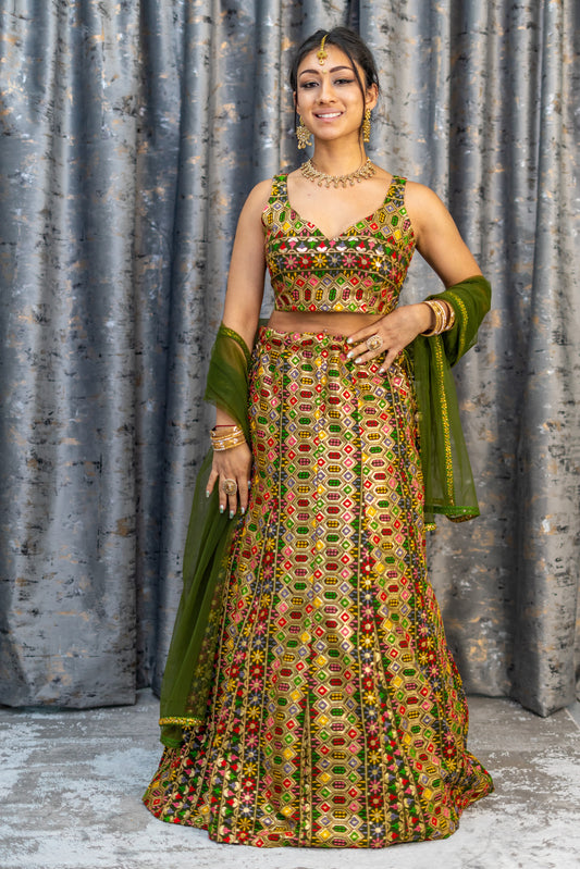 Mehendi Green Colourful Cotton Lehenga Set with Embroidery