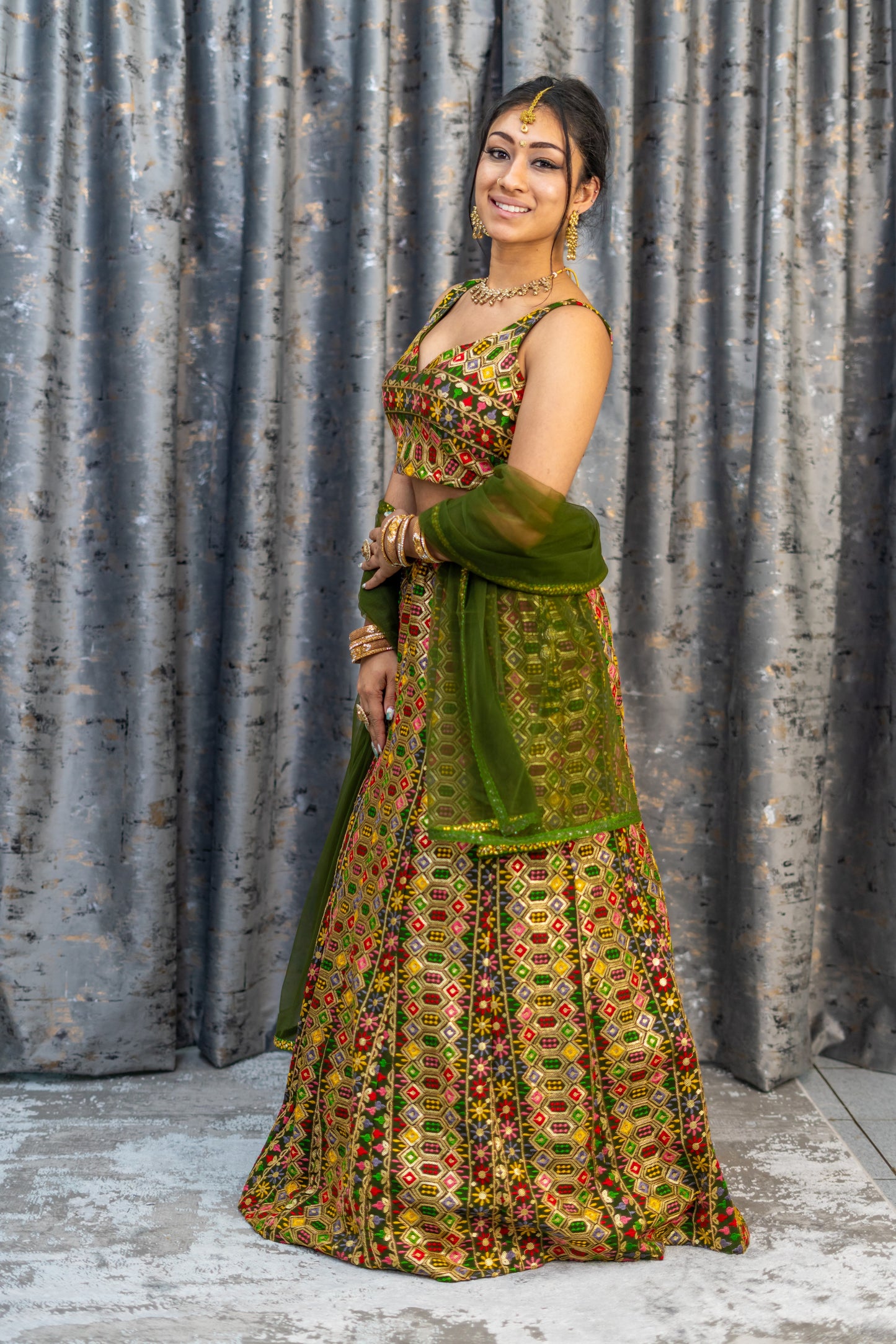 Mehendi Green Colourful Cotton Lehenga Set with Embroidery