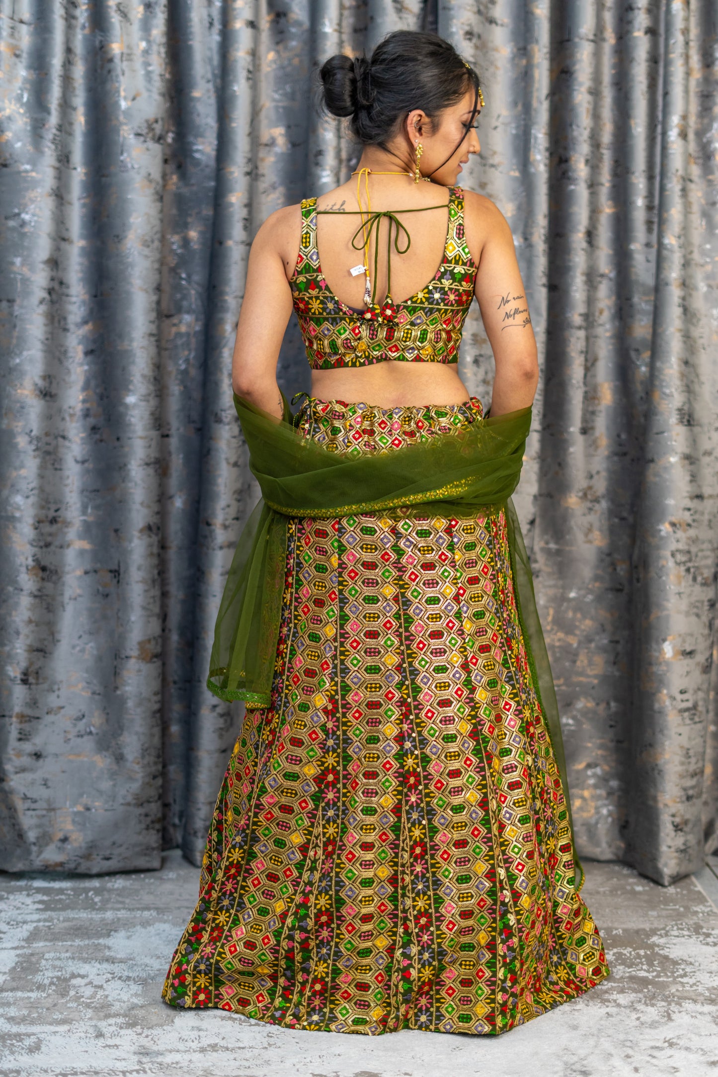 Mehendi Green Colourful Cotton Lehenga Set with Embroidery