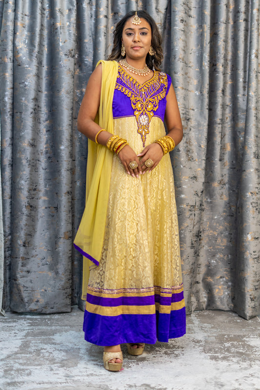Gold Net Punjabi Set with Purple