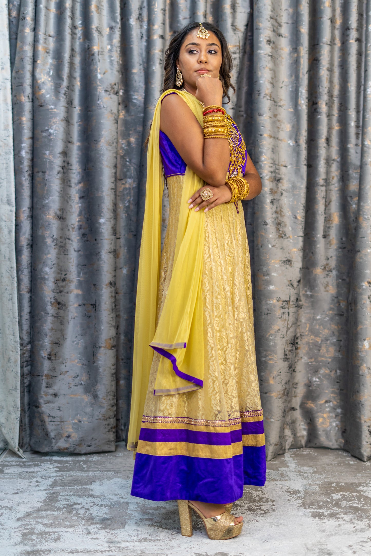 Gold Net Punjabi Set with Purple