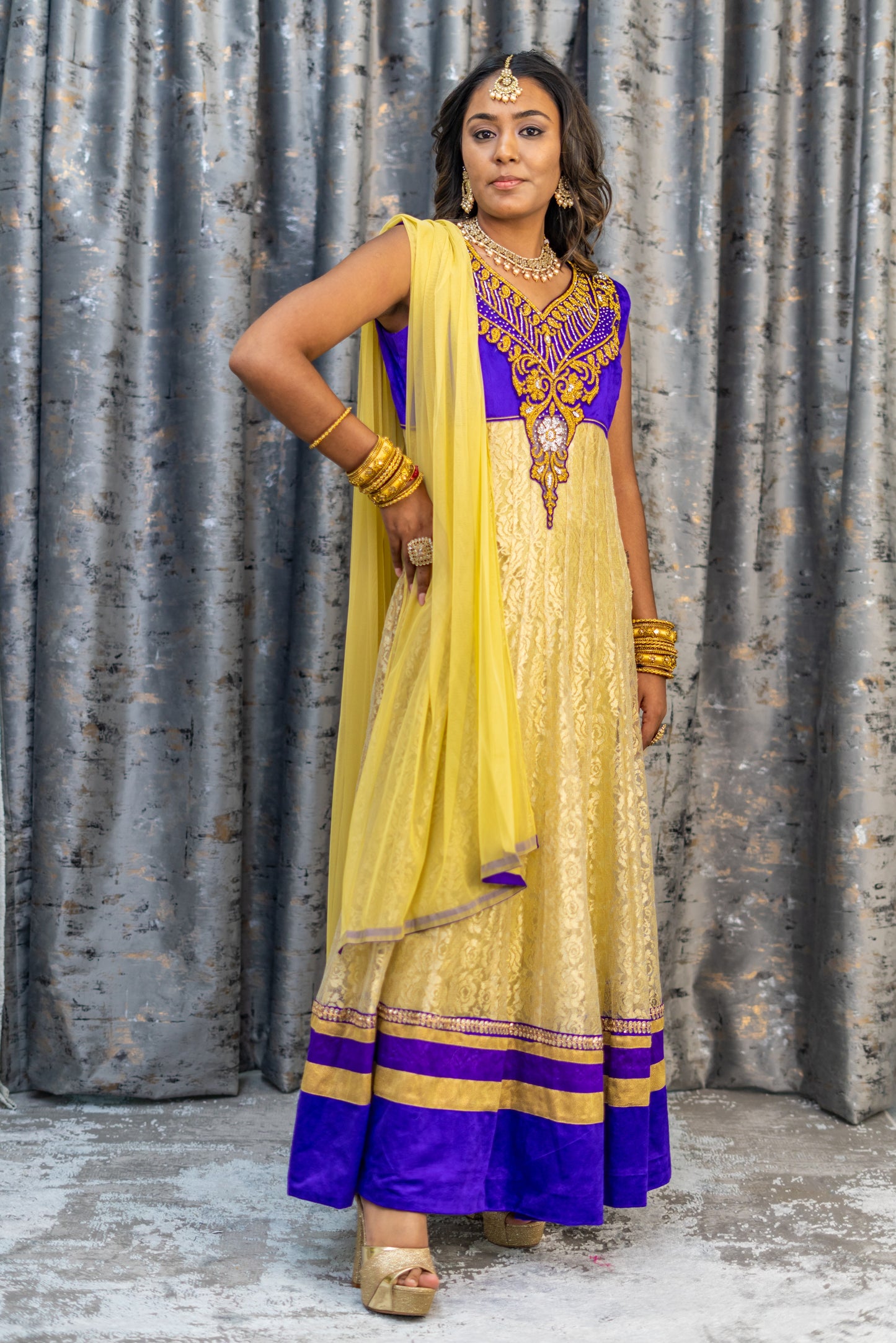 Gold Net Punjabi Set with Purple