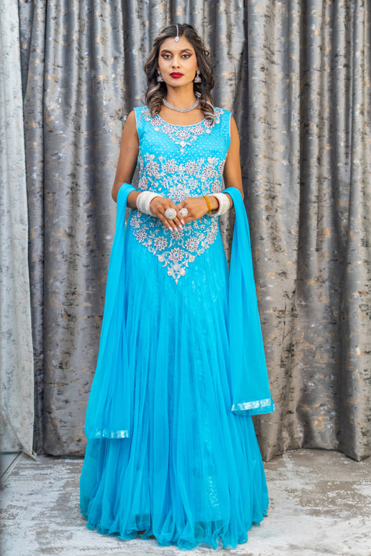 Blue Net Punjabi Set with Silver Swarovski Stone Work